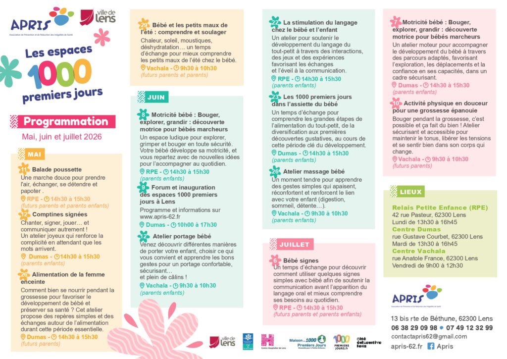 La Ville de Lens propose un lieu d’accueil et d’accompagnement pour les futurs parents et les parents d’enfants de 0 à 3 ans : l’Espace 1000 Premiers Jours.
Ce lieu a pour objectif de soutenir les familles dès la grossesse et durant les premières années de vie de l’enfant, à travers différents temps d’échanges, ateliers et rencontres avec des professionnels.