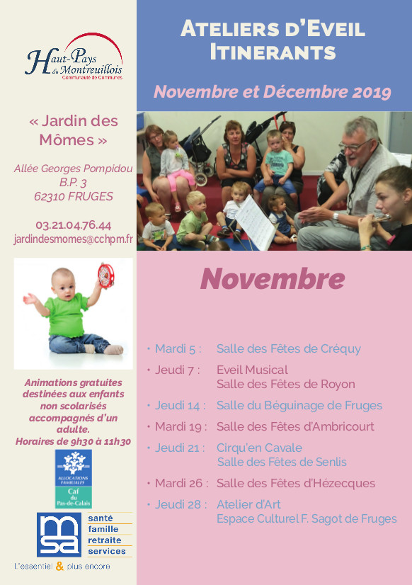 Calendrier Ateliers d'éveil itinérants nov dec jardin des mômes