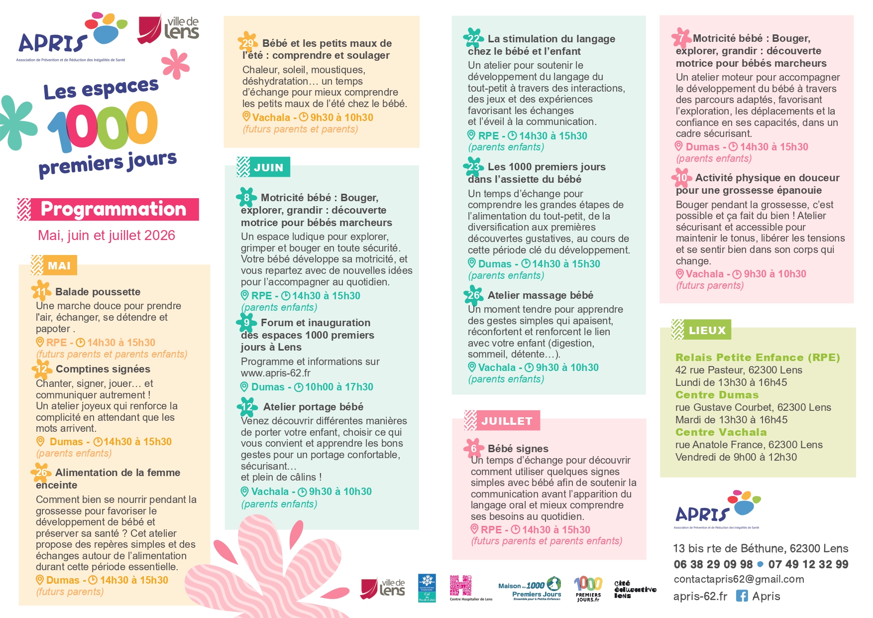 La Ville de Lens propose un lieu d’accueil et d’accompagnement pour les futurs parents et les parents d’enfants de 0 à 3 ans : l’Espace 1000 Premiers Jours. Ce lieu a pour objectif de soutenir les familles dès la grossesse et durant les premières années de vie de l’enfant, à travers différents temps d’échanges, ateliers et rencontres avec des professionnels.